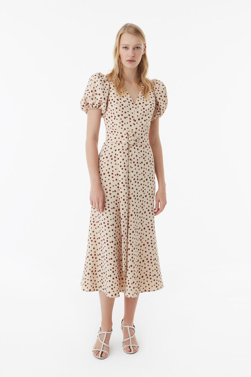Exquise Dot Print Balloon Sleeve Belted Dress Cream