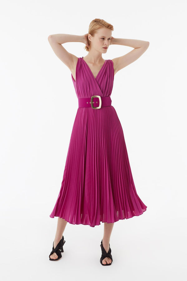 Exquise Dress Pleat N/Sl Fuchsia - Wardrobe Fashion