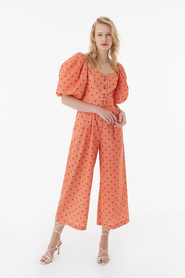 Exquise Jumpsuit Dot Print 3/4 Sl Orange - Wardrobe Fashion