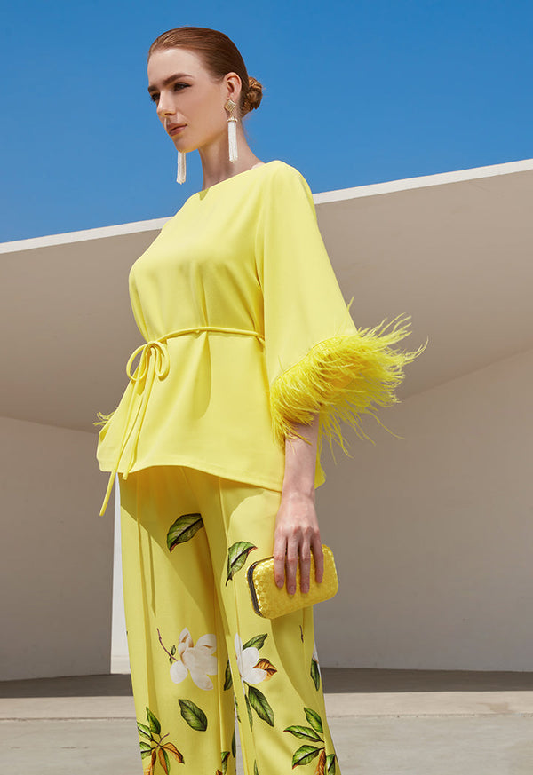 Choice Solid Blouse With Feather Details Yellow