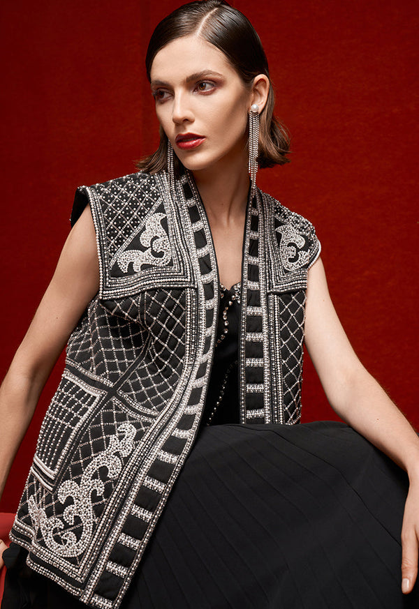 Choice Bead-Embroidered Patterned Vest Black