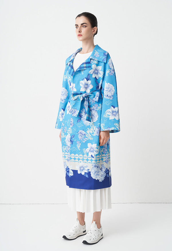 Choice Floral Printed Outerwear With Belt Blue