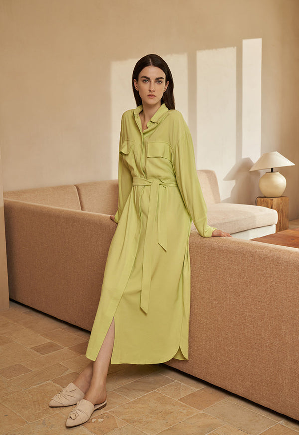 Choice Single Tone Belted Maxi Shirt Dress  Lime