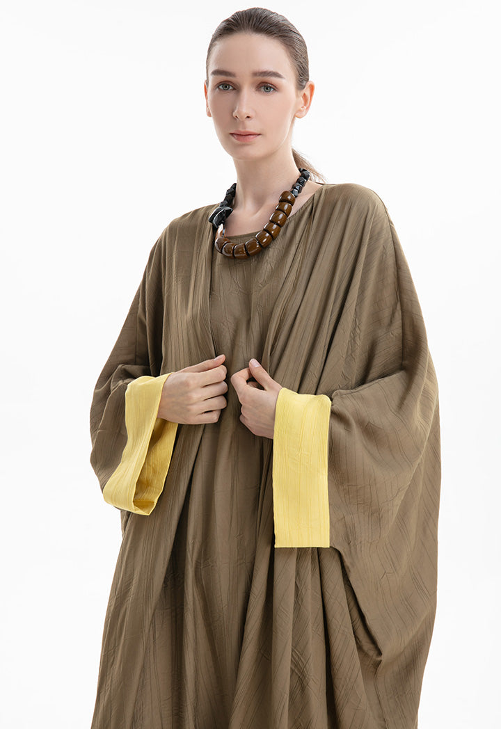 Choice Solid Abaya With Contrast Sleeve Hem Khaki