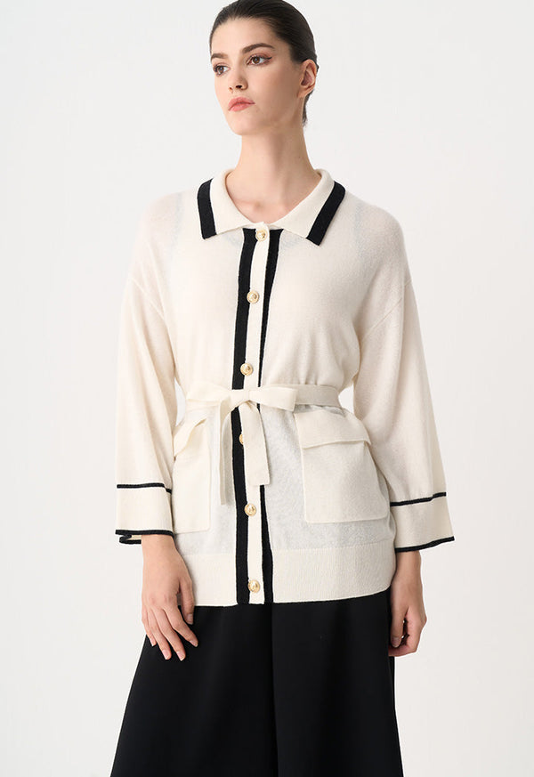 Choice Contrast Knitted Belted Cardigan Cream