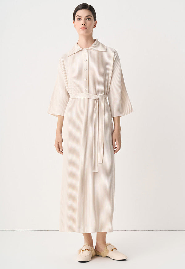 Choice Pleated Belted Oversize Maxi Dress Cream