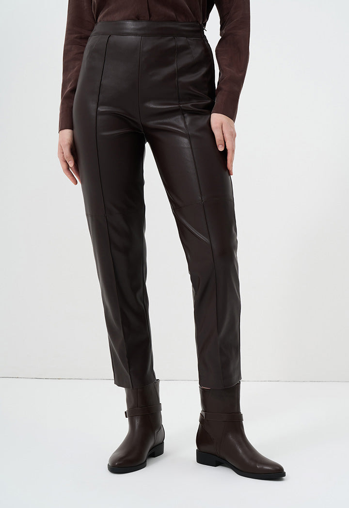 Choice Solid Leather Straight Leg Trousers Brown