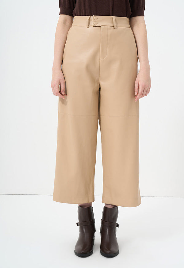 Choice Solid Leather Wide Legs Trousers Beige