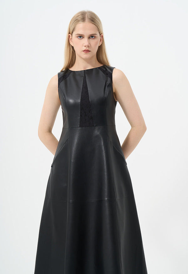 Choice Sleeveless Faux Leather Solid Dress Black