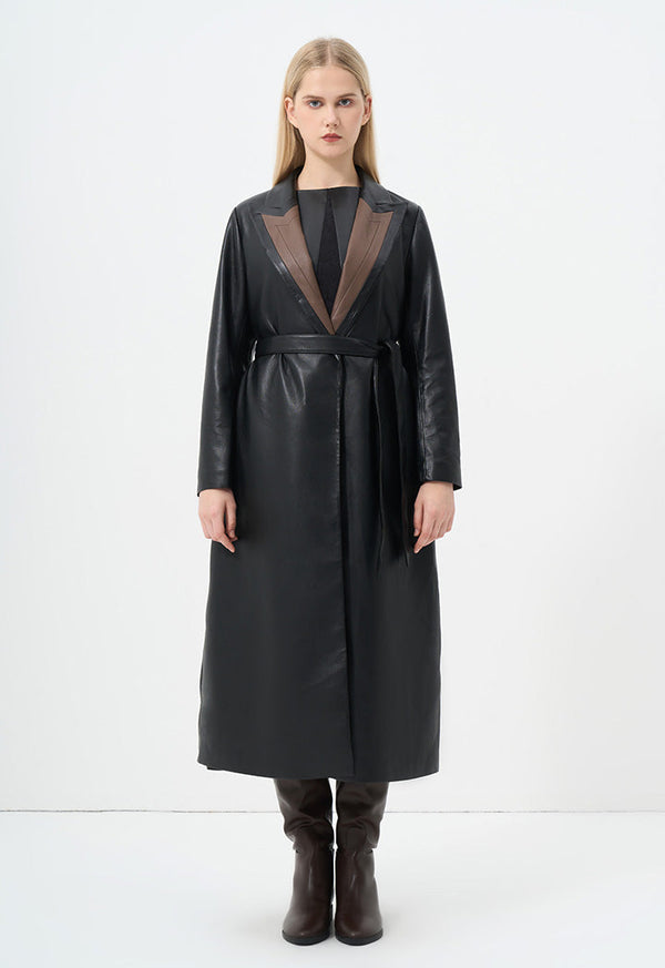 Choice Contrast Leather Double Breasted Belted Coat Black
