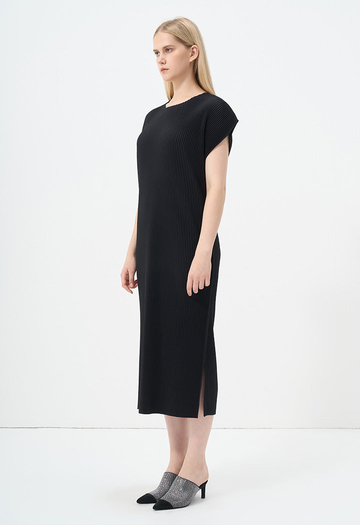 Choice Solid Sleeveless Pleated Maxi Dress Black