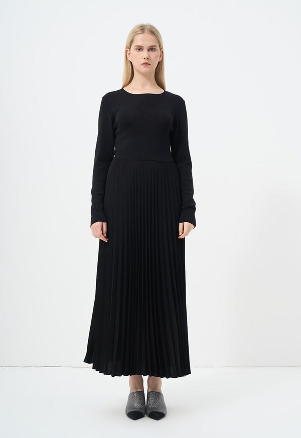 Choice Pleated Solid Long Sleeve Dress Black