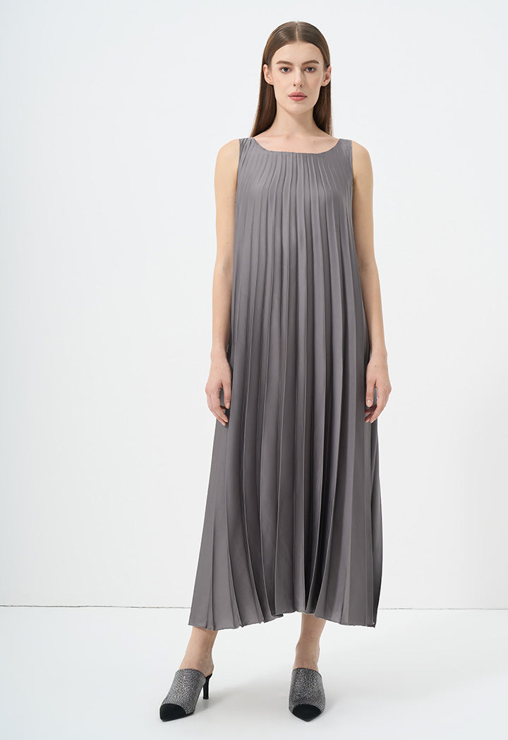 Choice Sleeveless Pleated Flared Maxi Dress Grey