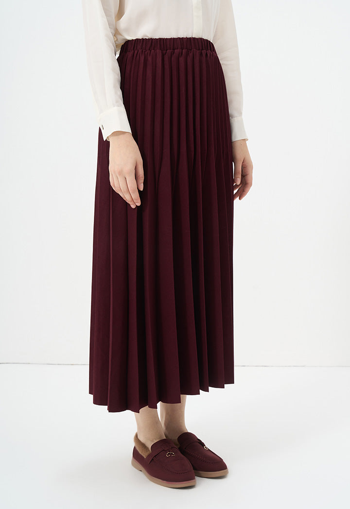 Choice Solid Pleated Midi Skirt Burgundy