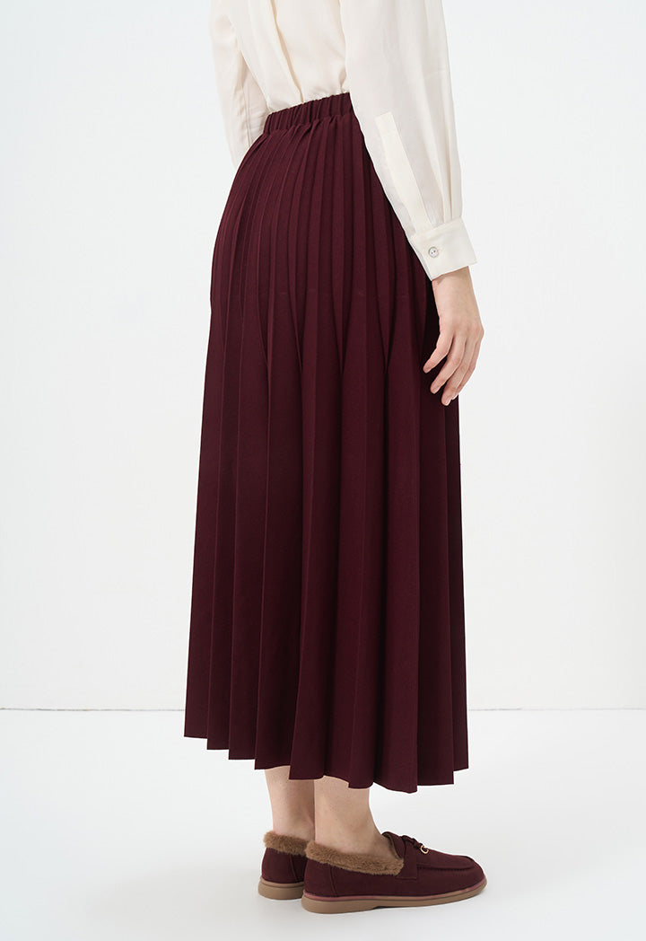 Choice Solid Pleated Midi Skirt Burgundy