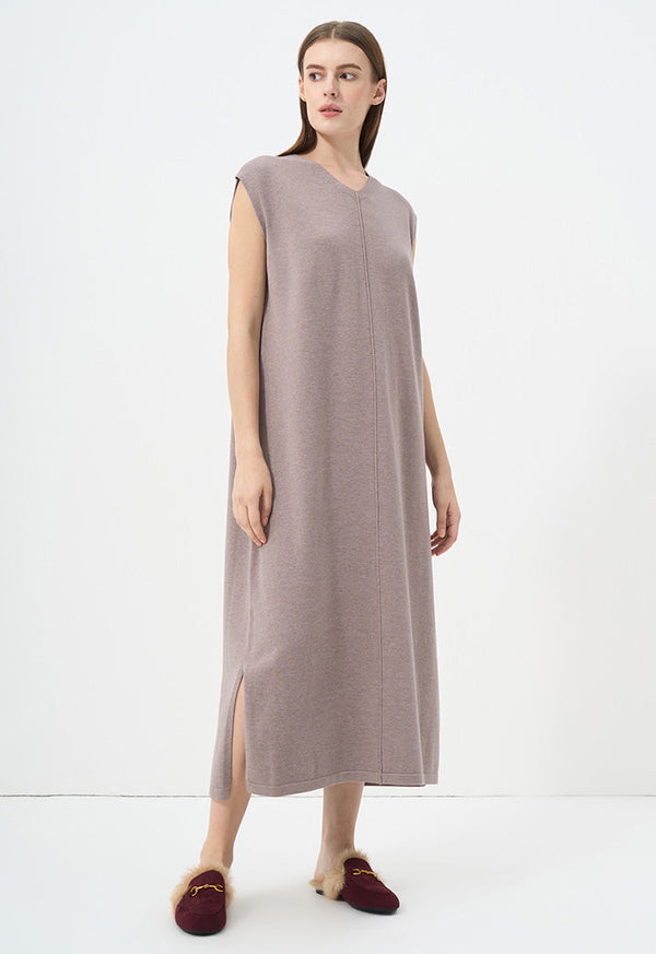 Choice V-Neck Sleeveless Knitted Dress Light Brown
