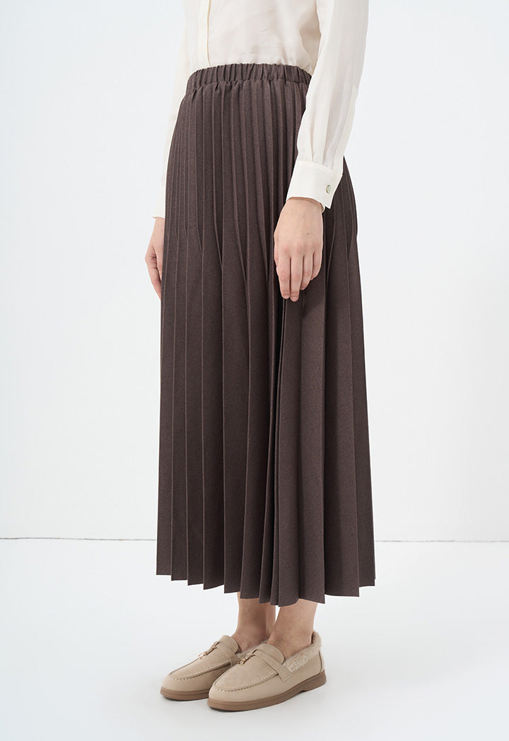 Choice Solid Pleated Midi Skirt Brown