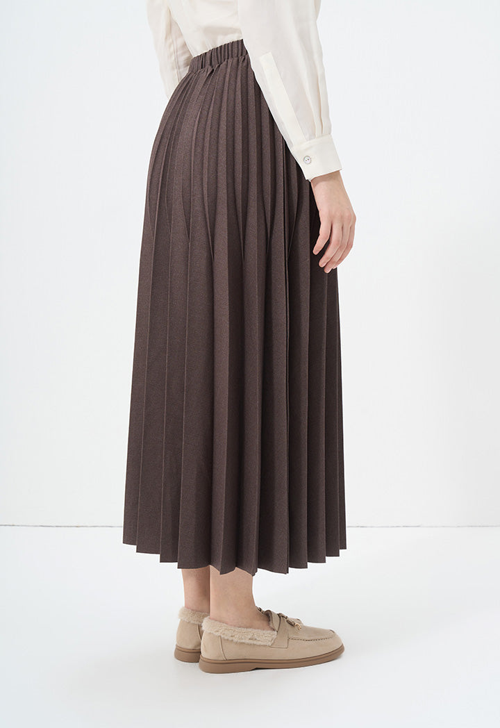 Choice Solid Pleated Midi Skirt Brown