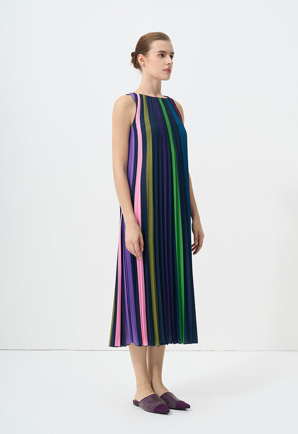 Choice Pleated Sleeveless Printed Dress Multi Color