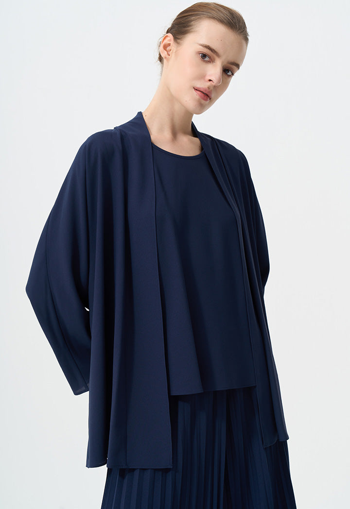 Choice Solid Long Sleeve Pleated Cardigan Set (2 Pcs) Navy