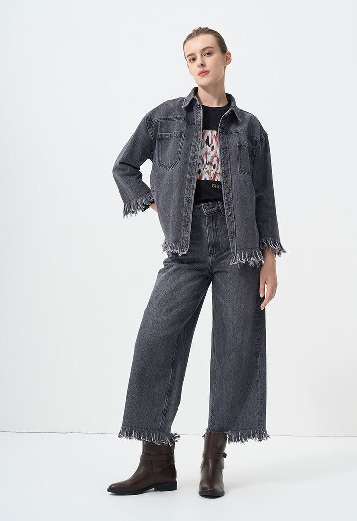 Choice Solid Long Sleeves Fringe Denim Jacket  Black