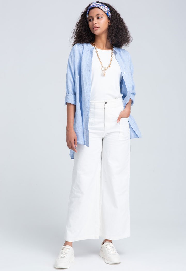 Choice Insertion Lace Melange Linen Shirt Blue