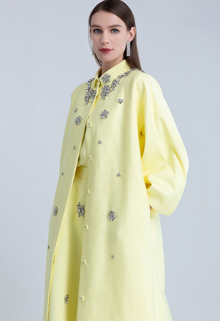 Choice Clear Crystal Embellished Pleated Sleeve Outerwear Yellow