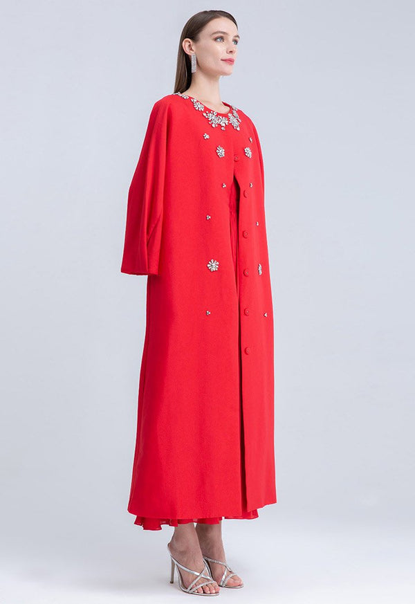 Choice Clear Crystal Embellished Pleated Sleeve Outerwear Red