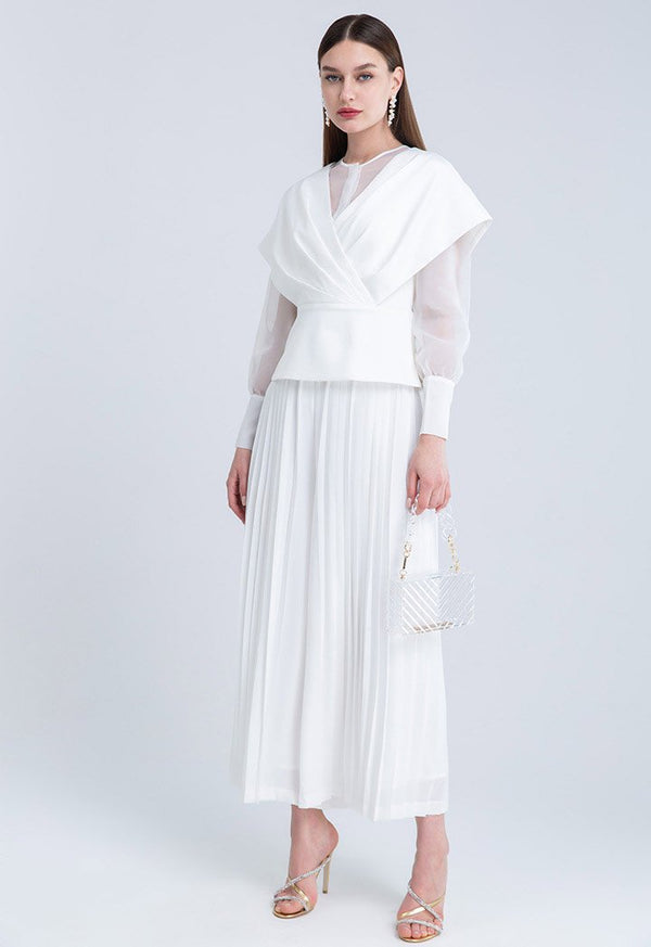 Choice Overlap Slanted Pleats Wrap Blouse Off White