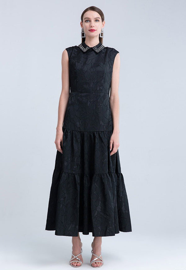 Choice Jacquard Crystal Embellished Sleeveless Tiered Dress Black