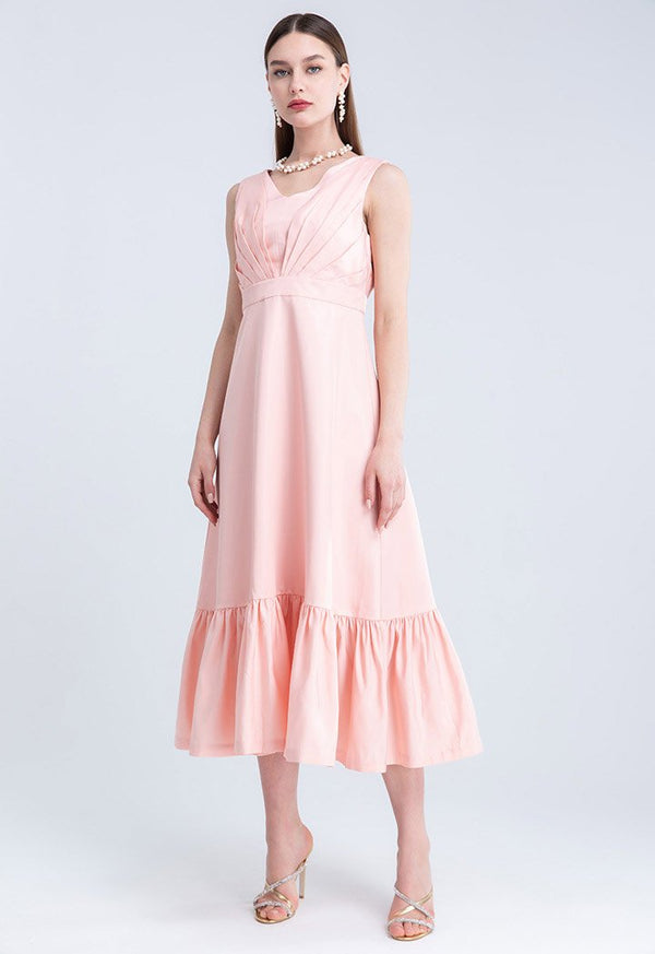 Choice Slanted Pleats Frill Hem Sleeveless Dress Blush