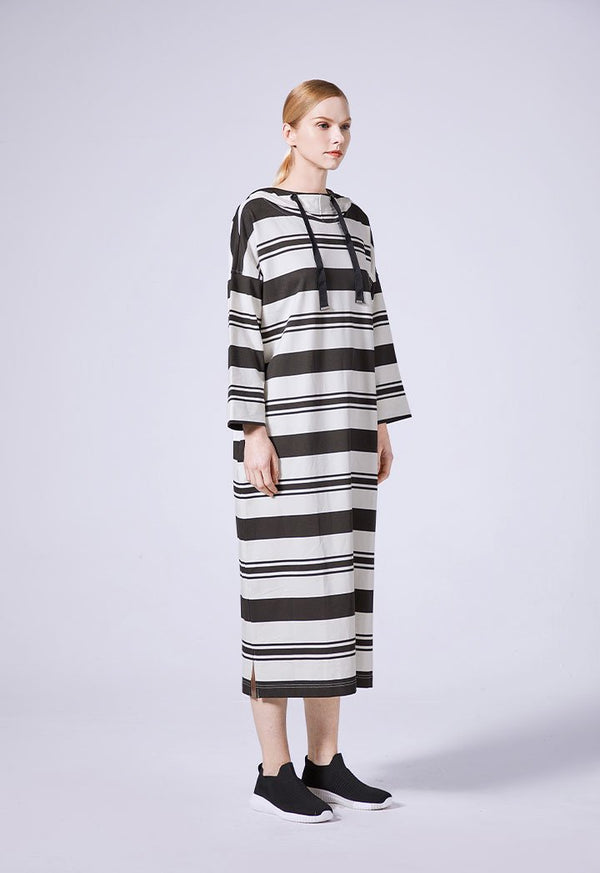 Choice Striped Midi Hoodie Dress Black-White