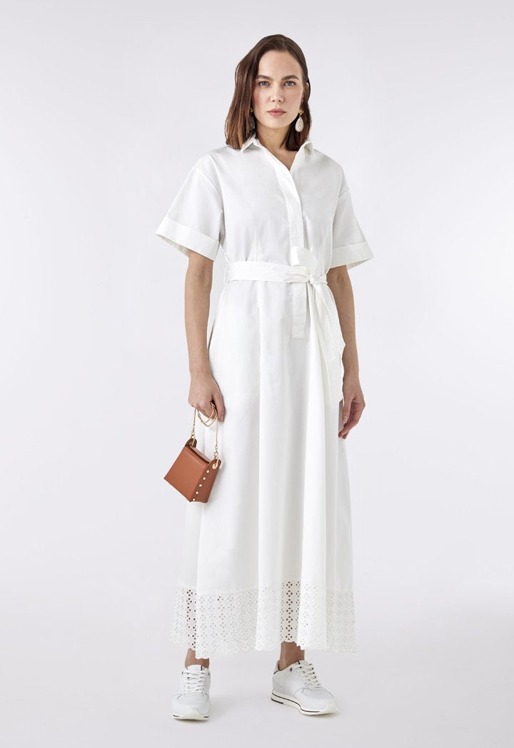 Choice Schiffli Lace Hem Dress Off White - Wardrobe Fashion