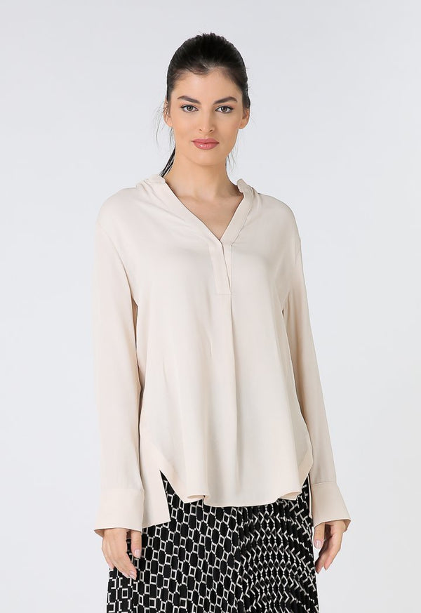 Choice Overlapping V-Neck Long Sleeves Shirt Light Beige