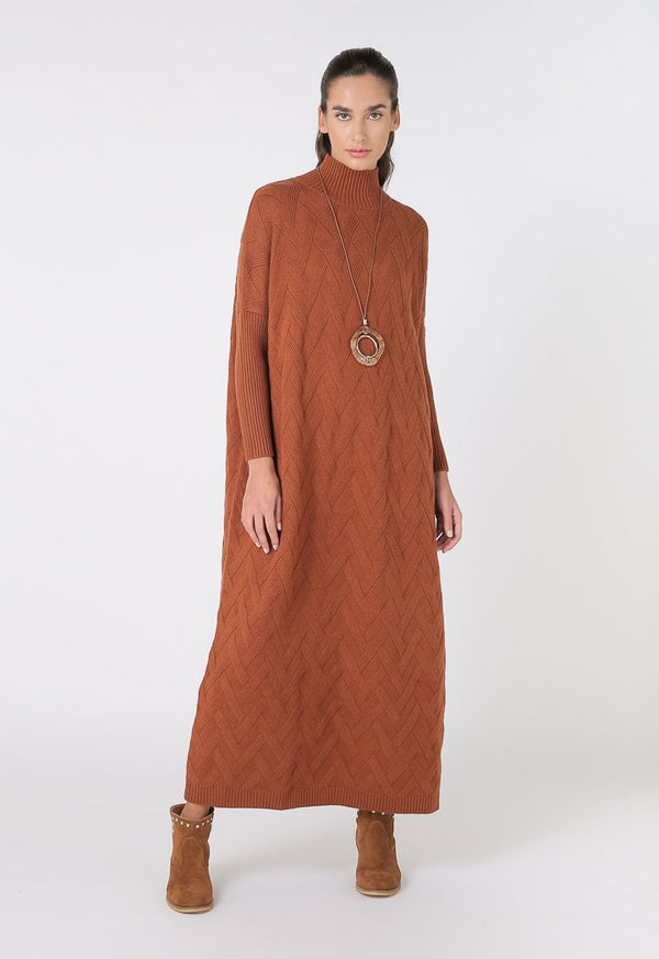 Choice Long Sleeve High Neck Dress Terracotta