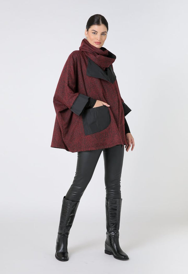 Choice Oversized Combi Outerwear With Circular Scarf Maroon