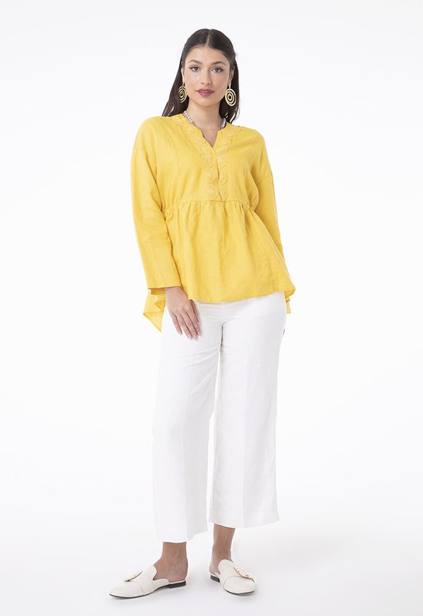 Choice Linen Lace Shirred Blouse Yellow