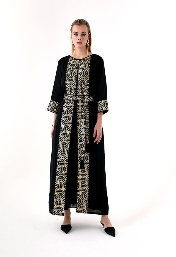 Choice Geometric Gold Print Abaya  Black - Wardrobe Fashion