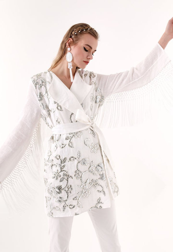 Choice Sequins Embroidery Kimono Jacket White - Wardrobe Fashion