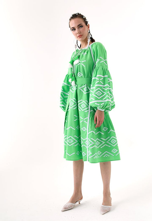 Choice Embroidered Linen Midi Dress Green - Wardrobe Fashion