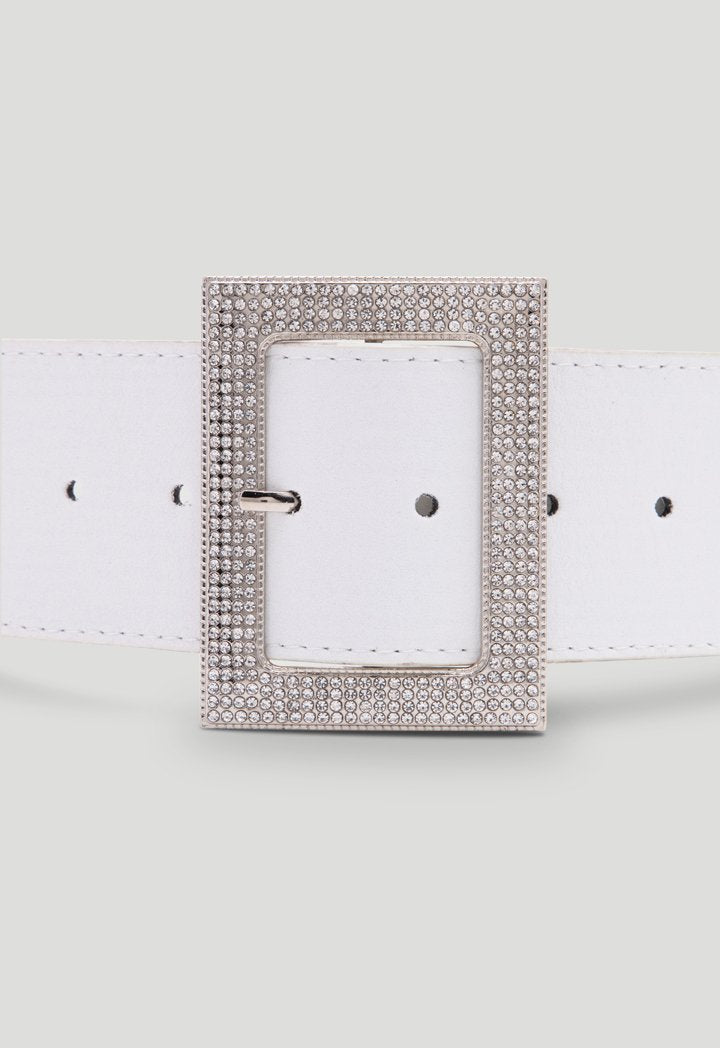 Choice Wide Rhinestone Buckle Belt White - Wardrobe Fashion