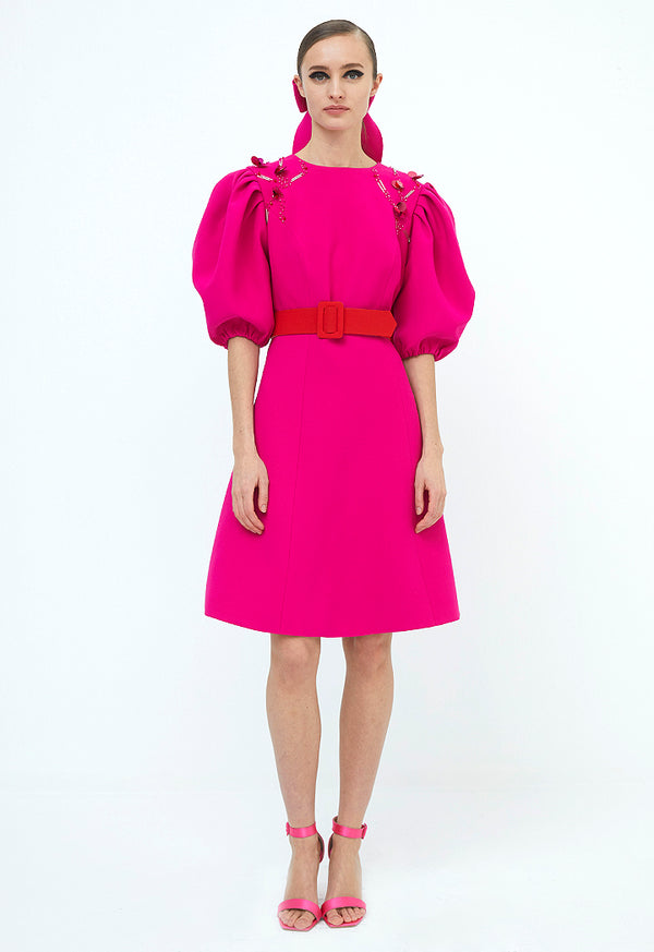 Choice Balloon Sleeve Midi Dress Fuchsia