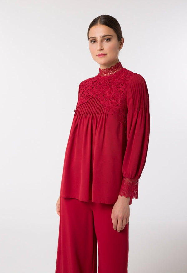 Choice Floral Lace Embroidered Blouse Red