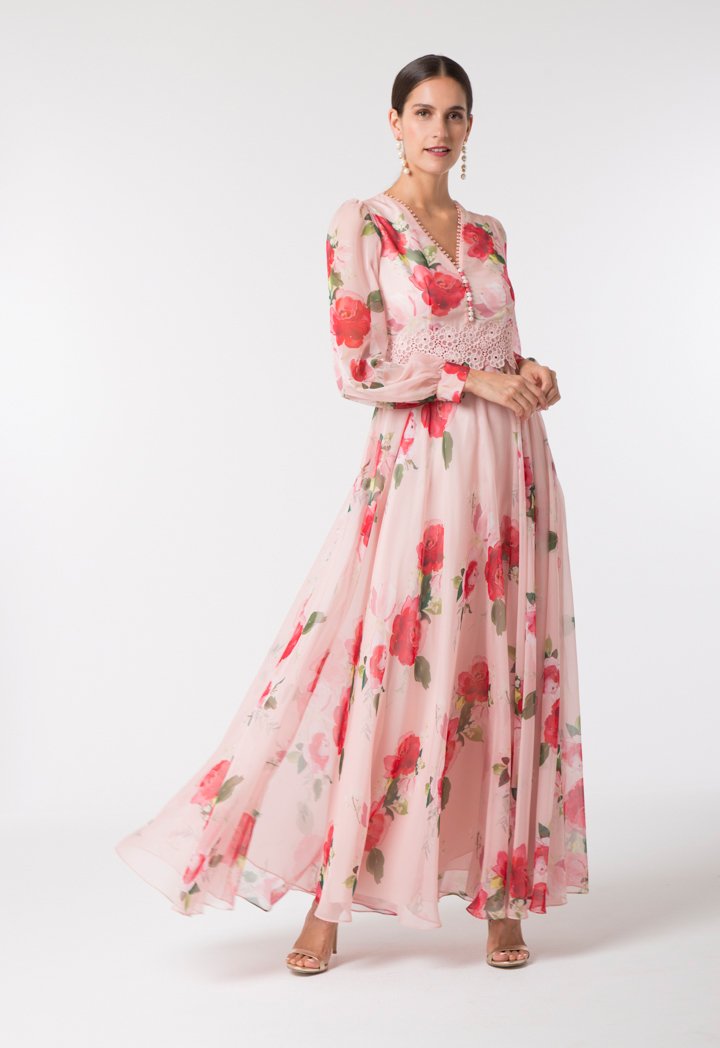 Choice Elegant Floral Chiffon Dress Pinkish Floral
