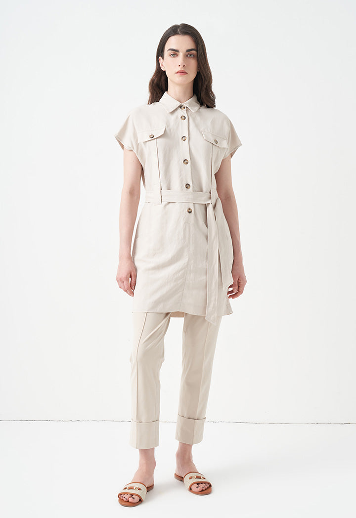 Choice Sleeveless Belted Shirt Dress Beige