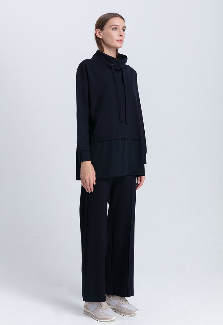 Choice Drawstring Cowl Neck Extended Hem Blouse Blue