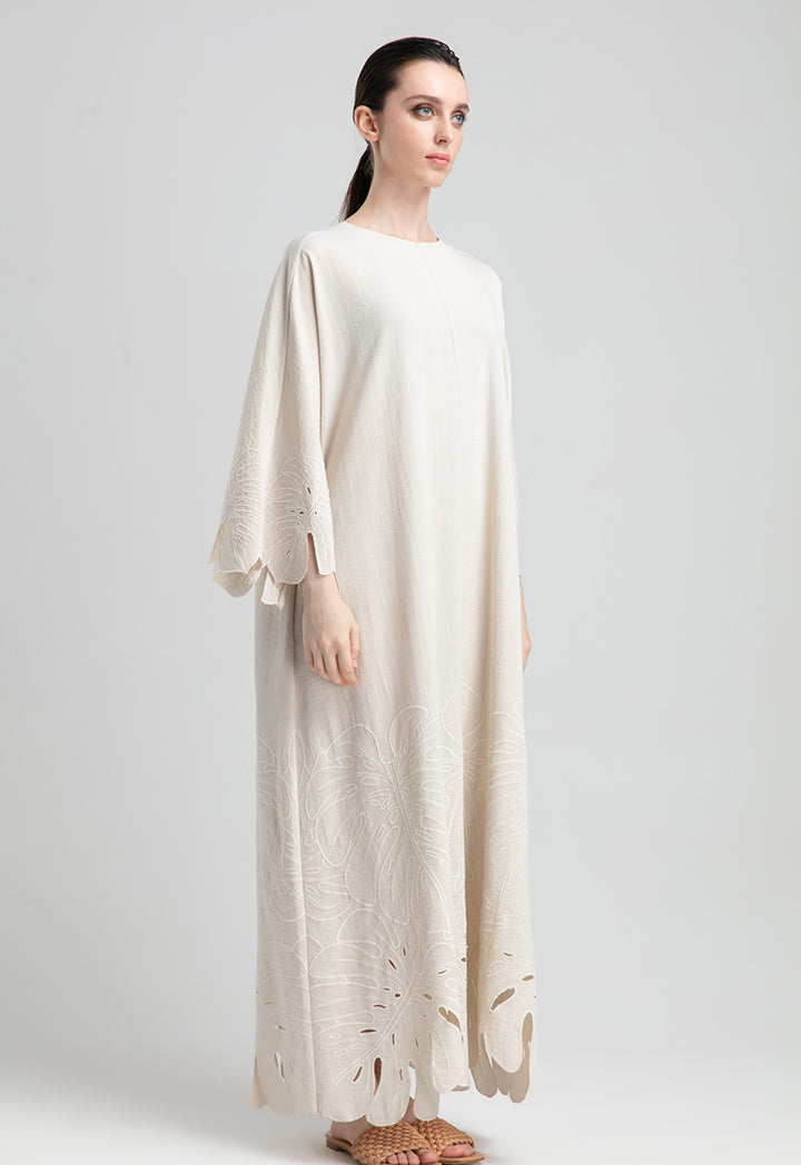 Choice Linen Cutout Hem Sleeve Embroidered Dress Beige