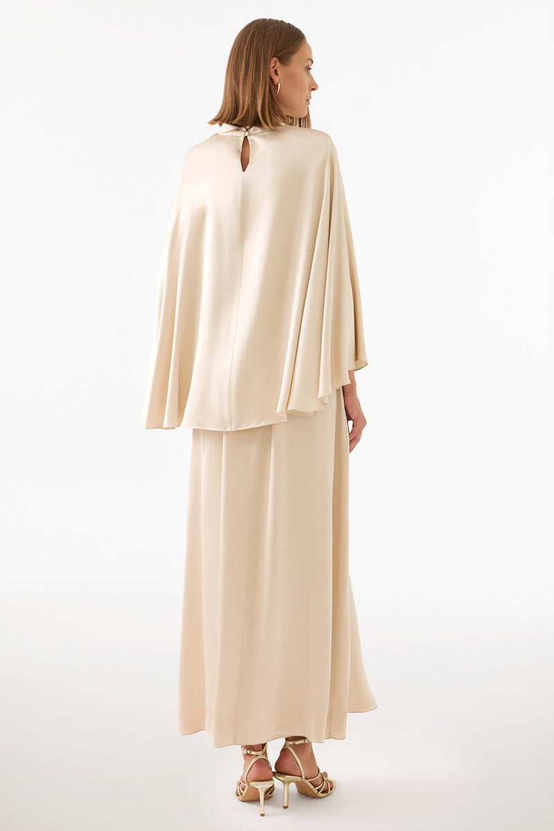 Perspective Stand-Up Collar Maxi Dress Beige