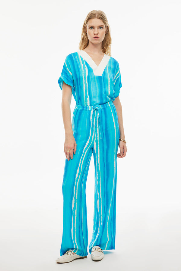 Perspective High Rise Wide Leg Striped Pants Turquse