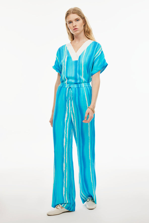 Perspective High Rise Wide Leg Striped Pants Turquse